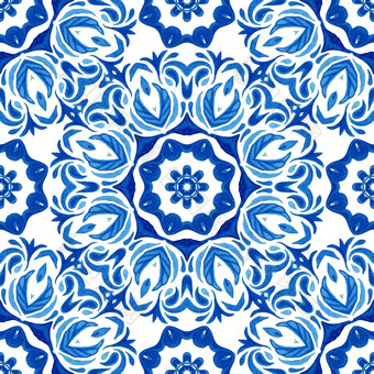 无缝的观赏水彩纹理大马士革古董无缝的模式从蓝色的和白色东方瓷砖饰品阿祖莱霍瓷砖设计风格阿拉伯式花纹瓷砖摘要手画水彩瓷砖无缝的观赏模式优雅的曼荼罗花为织物和壁纸
