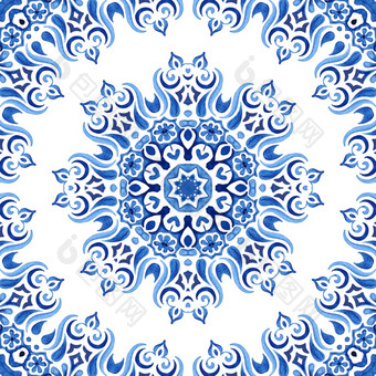 水彩手画瓷砖无缝的曼荼罗大奖章观赏模式蓝色的和白色中国人瓷砖水彩瓷砖与曼荼罗地中海设计