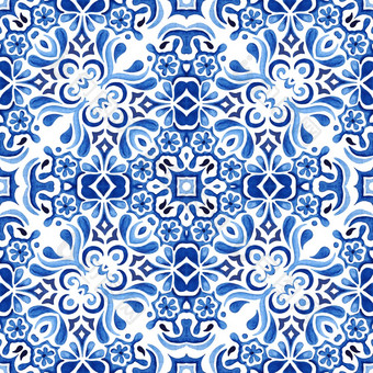 <strong>水彩蓝色</strong>的大马士革手画无缝的模式马赛克瓷砖点缀葡萄牙语和西班牙语陶瓷瓷砖启发阿祖莱霍设计<strong>水彩</strong>handdrawn无缝的<strong>蓝色</strong>的几何模式瓷砖设计表面