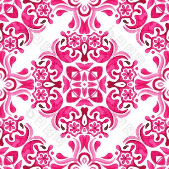 摘要粉红色的和白色手画瓷砖无缝的观赏水彩油漆模式华丽的大马士革背景葡萄牙语瓷砖马赛克摘要无缝的观赏水彩大马士革花油漆瓷砖模式为织物
