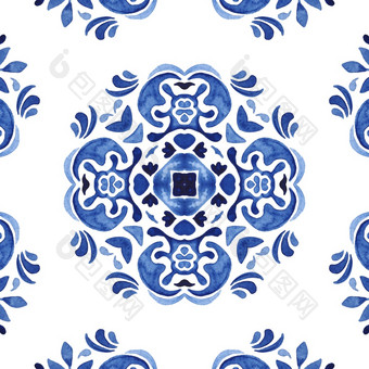 斯帕什蓝色的和白色手画瓷砖无缝的观赏水彩油漆模式华丽的大马士革背景葡萄牙语风格瓷砖马赛克古董大马士革花无缝的观赏水彩阿拉伯式花纹油漆瓷砖设计模式为瓷砖装饰