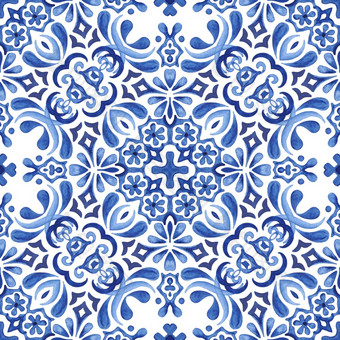 水彩蓝色的大马士革手画无缝的模式靛蓝文艺复兴时期的瓷砖点缀葡萄牙语和西班牙语陶瓷瓷砖启发墙设计古董瓷砖无缝的观赏水彩阿拉伯式花纹油漆瓷砖设计模式为织物