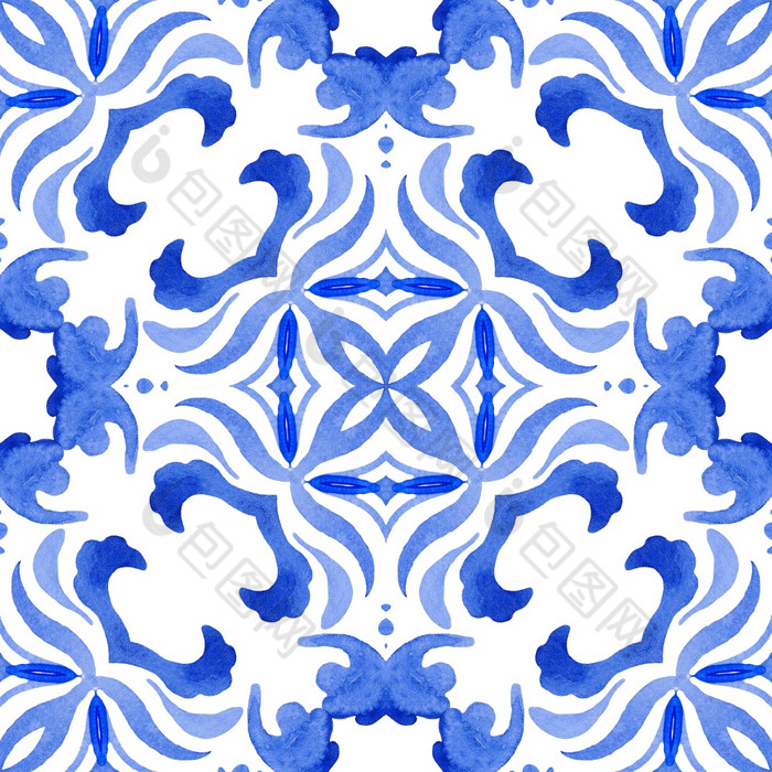 摘要蓝色的和白色手画瓷砖无缝的观赏水彩油漆模式优雅的纹理为织物和壁纸餐具陶瓷瓷砖古董大马士革无缝的观赏水彩阿拉伯式花纹油漆瓷砖设计模式为织物
