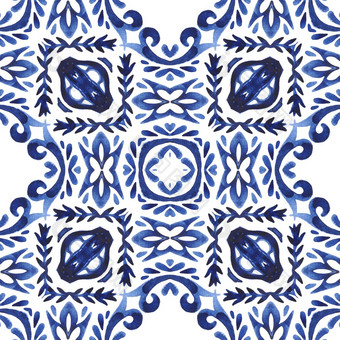 手绘蓝色的和白色瓷砖无缝的观赏水彩画模式葡萄牙语陶瓷瓷砖启发摘要蓝色的和白色手画瓷砖水彩油漆模式