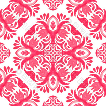 摘要粉红色的和白色手画瓷砖无缝的观赏水彩油漆模式粉红色的陶瓷瓷砖元素与装饰花无缝的模式handdrawn水彩点缀粉红色的和白色与花元素