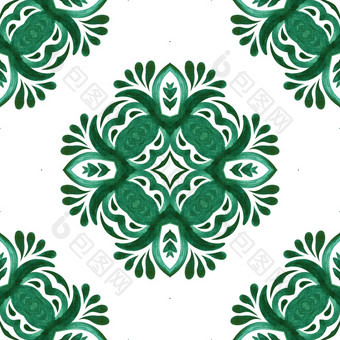 无缝的模式handdrawn水彩点缀绿色和白色与装饰元素瓷砖设计摘要无缝的观赏水彩阿拉伯式花纹油漆瓷砖模式为织物