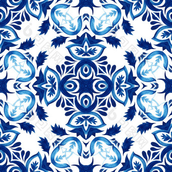 大马士革无缝的观赏水彩阿拉伯式花纹油漆瓷砖模式为织物和墙装饰葡萄牙语交叉马赛克瓷砖打印摘要蓝色的和白色手画瓷砖无缝的观赏水彩油漆模式
