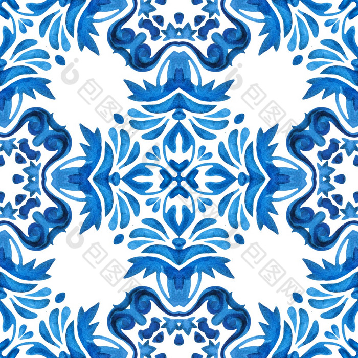 传统的华丽的葡萄牙语蓝知更鸟蓝色的水彩绘画背景为打印枕头表面陶瓷瓷砖土耳其风格无缝的拼接而成从阿祖莱霍瓷砖葡萄牙语和西班牙装饰蓝色的白色