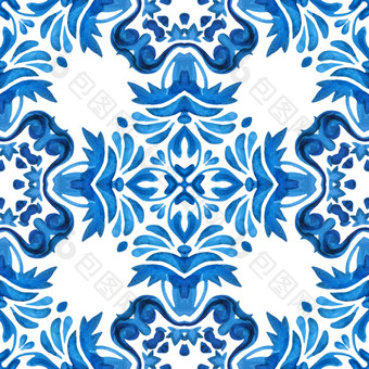 传统的华丽的葡萄牙语蓝知更鸟蓝色的<strong>水彩绘</strong>画背景为打印枕头表面陶瓷瓷砖土耳其风格无缝的拼接而成从阿祖莱霍瓷砖葡萄牙语和西班牙装饰蓝色的白色