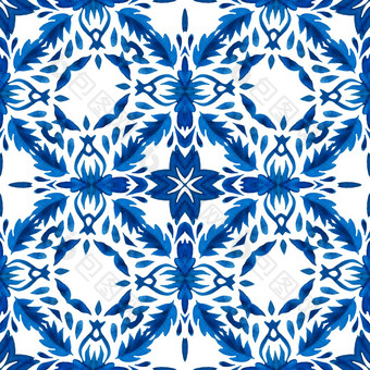 摘要红色的无缝的观赏水彩油漆瓷砖模式为织物和阿祖莱霍陶瓷华丽的大马士革背景无缝的拼接而成从阿祖莱霍瓷砖葡萄牙语和西班牙装饰蓝色的白色