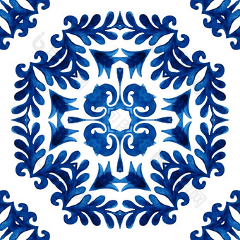 摘要靛蓝和白色大奖章瓷砖无缝的观赏模式水彩模式交叉陶瓷马赛克瓷砖与花地中海瓷砖背景无缝的模式decoartive马赛克陶瓷设计