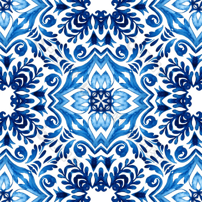 靛蓝蓝色的大马士革无缝的观赏水彩阿拉伯式花纹油漆瓷砖设计模式葡萄牙语风格陶瓷瓷砖设计与花装饰地中海瓷砖背景无缝的模式decoartive马赛克陶瓷设计