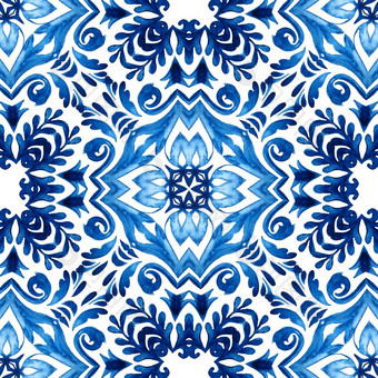 靛蓝蓝色的大马士革无缝的观赏水彩阿拉伯式花纹油漆瓷砖设计模式葡萄牙语风格陶瓷瓷砖设计与花装饰地中海瓷砖背景无缝的模式decoartive马赛克陶瓷设计