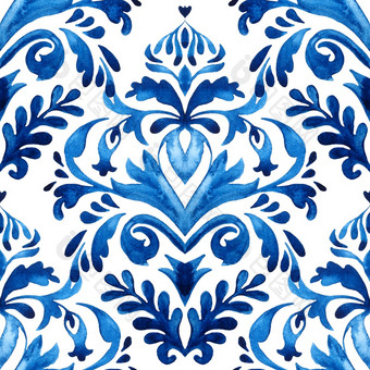水彩蓝色的花设计伊卡特地中海风格无缝的模式波斯金银丝细工背景大马士革油漆瓷砖模式为织物和陶瓷大马士革伊卡特地中海曼荼罗花为织物和壁纸
