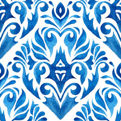 水彩蓝色的花设计纹章学的风格无缝的模式靛蓝大马士革油漆瓷砖为织物和陶瓷摘要手画水彩瓷砖无缝的观赏模式大马士革花设计