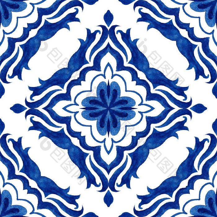 摘要蓝色的和白色手画瓷砖无缝的观赏水彩油漆模式蓝色的和wihte阿祖莱霍葡萄牙语装饰马赛克元素无缝的拼接而成从葡萄牙语和西班牙装饰蓝色的白色