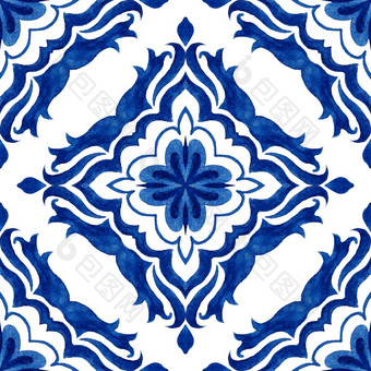 摘要蓝色的和白色手画瓷砖无缝的观赏水彩油漆模式蓝色的和wihte阿祖莱霍葡萄牙语装饰<strong>马赛克</strong>元素无缝的<strong>拼接</strong>而成从葡萄牙语和西班牙装饰蓝色的白色