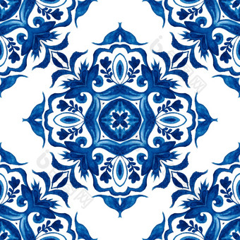 华丽的无缝的地中海瓷砖背景无缝的模式陶瓷设计葡萄牙语陶瓷瓷砖启发无缝的蓝色的花水彩模式瓷砖和织物设计