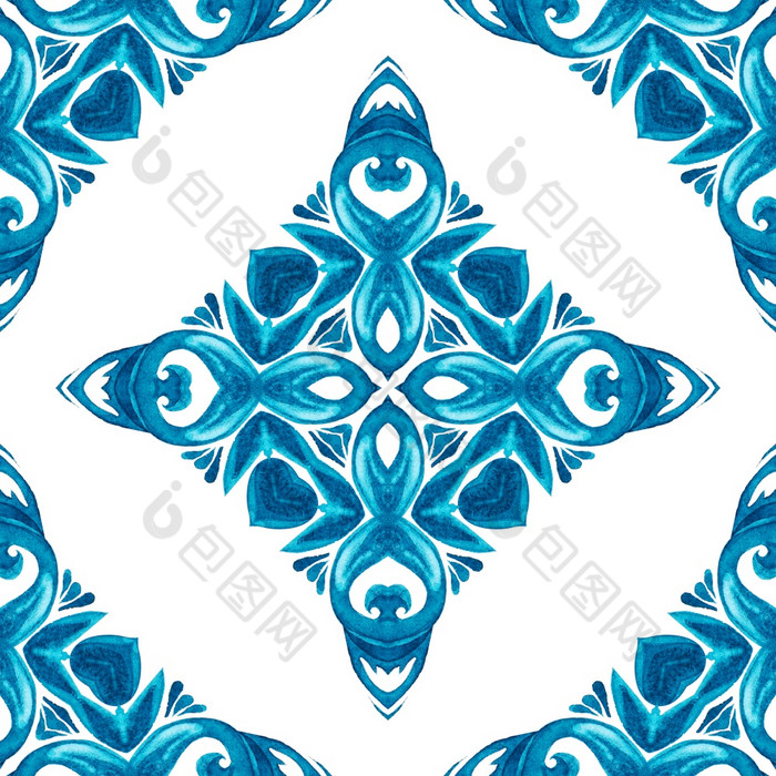 摘要蓝色的无缝的观赏水彩阿拉伯式花纹油漆瓷砖与阿拉伯式花纹华丽的模式为织物靛蓝颜色水彩蓝色的几何模式无缝的瓷砖设计表面