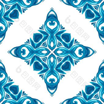 摘要蓝色的无缝的观赏水彩阿拉伯式花纹油漆瓷砖与阿拉伯式花纹华丽的<strong>模式</strong>为织物靛蓝颜色水彩蓝色的几何<strong>模式</strong>无缝的瓷砖设计表面