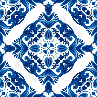古董大马士革靛蓝瓷砖无缝的观赏水彩阿拉伯式花纹油漆设计奢侈品装饰陶瓷艺术古董大马士革花靛蓝无缝的瓷砖设计模式