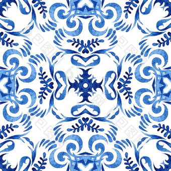 摘要蓝色的和白色手画瓷砖无缝的观赏水彩油漆模式阿祖莱霍葡萄牙语风格靛蓝蓝色的颜色摘要蓝色的和白色手画瓷砖无缝的观赏水彩油漆模式