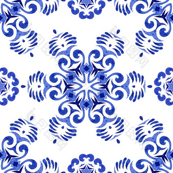 摘要手画水彩瓷砖无缝的观赏模式冬天蓝色的少数民族几何阿拉伯式花纹曼荼罗可爱的雪花人艺术风格摘要手画水彩瓷砖无缝的观赏模式优雅的曼荼罗花为织物和壁纸
