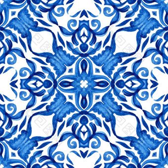 错综复杂的蓝色的和白色瓷砖无缝的观赏水彩画模式葡萄牙语风格陶瓷瓷砖启发阿祖莱霍瓷砖地中海墙装饰几何无缝的瓷砖设计表面背景蓝色的和白色点缀