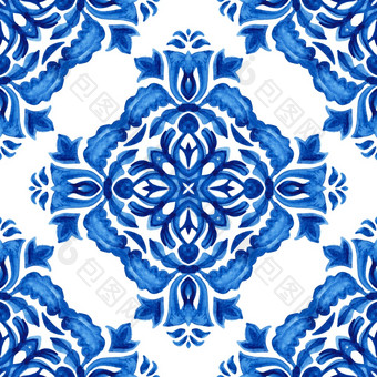 古董大马士革无缝的观赏水彩阿拉伯式花纹油漆瓷砖设计模式为装饰葡萄牙语陶瓷瓷砖设计摘要蓝色的和白色手画瓷砖无缝的观赏水彩油漆模式