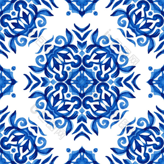 华丽的无缝的蓝色的花水彩模式东方瓷砖花曼荼罗阿祖莱霍瓷砖设计阿拉伯式花纹瓷砖
