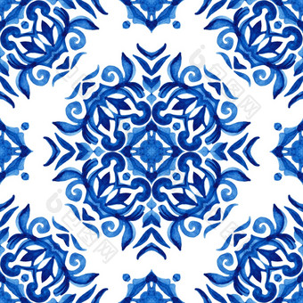 华丽的无缝的蓝色的花水彩模式东方瓷砖花曼荼罗阿祖莱霍瓷砖设计阿拉伯式花纹瓷砖