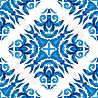 水彩蓝色的大马士革无缝的模式文艺复兴时期的瓷砖点缀华丽的葡萄牙语陶瓷瓷砖设计古董大马士革花无缝的观赏水彩阿拉伯式花纹油漆瓷砖设计模式为瓷砖装饰