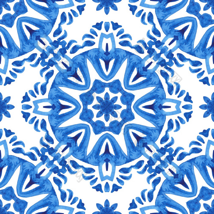 华丽的无缝的蓝色的花水彩模式东方瓷砖花曼荼罗阿祖莱霍瓷砖设计阿拉伯式花纹瓷砖无缝的观赏水彩模式优雅的老成形纹理为织物和壁纸背景和页面填满