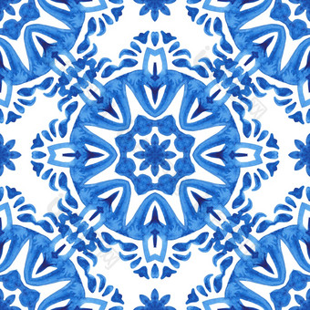 华丽的无缝的蓝色的花水彩模式东方瓷砖花曼荼罗阿祖莱霍瓷砖设计阿拉伯式花纹瓷砖无缝的观赏水彩模式优雅的老成形纹理为织物和壁纸背景和页面填满