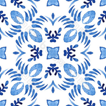 摘要无缝的观赏水彩油漆瓷砖模式为织物和陶瓷华丽的大马士革装饰简单的艺术陶瓷无缝的拼接而成从阿祖莱霍瓷砖葡萄牙语和西班牙装饰蓝色的白色