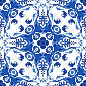 摘要蓝色的无缝的观赏水彩阿拉伯式<strong>花纹</strong>油漆瓷砖与花<strong>元素</strong>华丽的模式为织物和陶瓷阿祖莱霍瓷砖<strong>几何</strong>无缝的瓷砖设计表面背景蓝色的和白色点缀