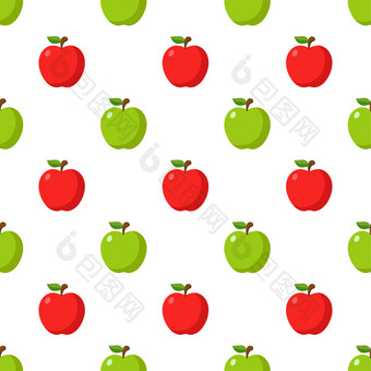 插图无缝的模式平<strong>红</strong>色的和绿色<strong>苹果</strong>孤立的白色背景<strong>水果</strong>模式纹理织物壁纸最小的风格生材料新鲜的<strong>水果</strong>向量