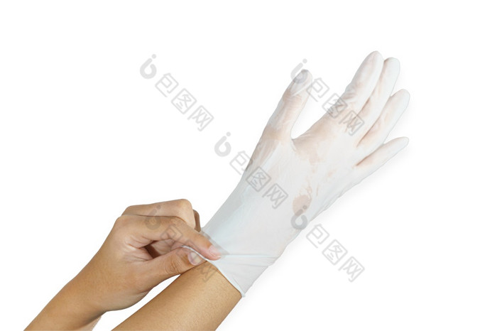 女人手wering橡胶手套保护安全科维德白色背景