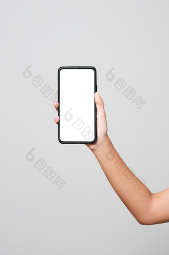 智能手机模型新无框架智能手机模型与白色<strong>屏幕</strong>孤立的白色背景基于高质量的工作室拍摄智能手机无框架设计概念