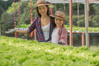 亚洲妈妈。和女儿是帮助在一起收集的新鲜的水培蔬菜的农场概念园艺和孩子教育<strong>家庭</strong>农业<strong>家庭生活</strong>风格