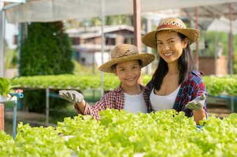 亚洲妈妈。和女儿是帮助在一起收集的新鲜的水培蔬菜的农场概念<strong>园艺</strong>和孩子教育<strong>家庭</strong>农业<strong>家庭</strong>生活风格