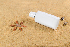 白色瓶的海滩与壳牌