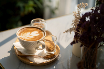 热咖啡拿铁与拿铁艺术牛奶泡沫杯杯子木<strong>桌子</strong>上前视图<strong>早餐</strong>咖啡商店的咖啡馆在业务工作概念