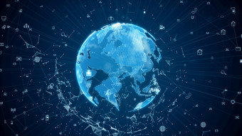 数字数据网络连接与图标和全球沟通高速连接数据分析技术数据二进制代码网络输送连接蓝色的背景概念