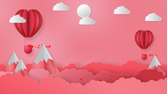 情人节rsquo一天摘要背景飞行红色的心和气球与山为情人节概念假期背景呈现
