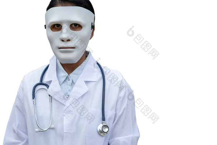 的医生穿白色塑料面具隐藏的脸概念罪犯的形式医生