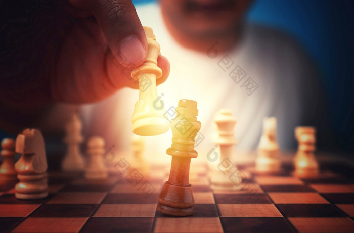 的手商人持有棕色（的）王国际象棋和使彻底失败竞争对手和赢得的游戏概念领导必须有业务策略和竞争对手评价竞争