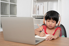快乐亚洲女孩学生在线学习类从电脑与老师在线教育技术为社会距离新正常的生活方式概念首页学校和导师