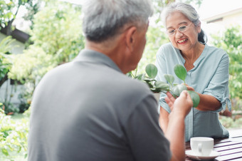 快乐和微笑亚洲老上了年纪的女人种植为爱好后退休与她的丈夫概念快乐生活方式和好健康为老年人