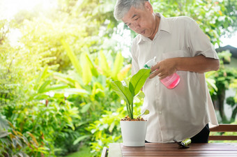 快乐和微笑亚洲老上了年纪的男人。种植为爱好后退休首页概念快乐生活方式和好健康为老年人